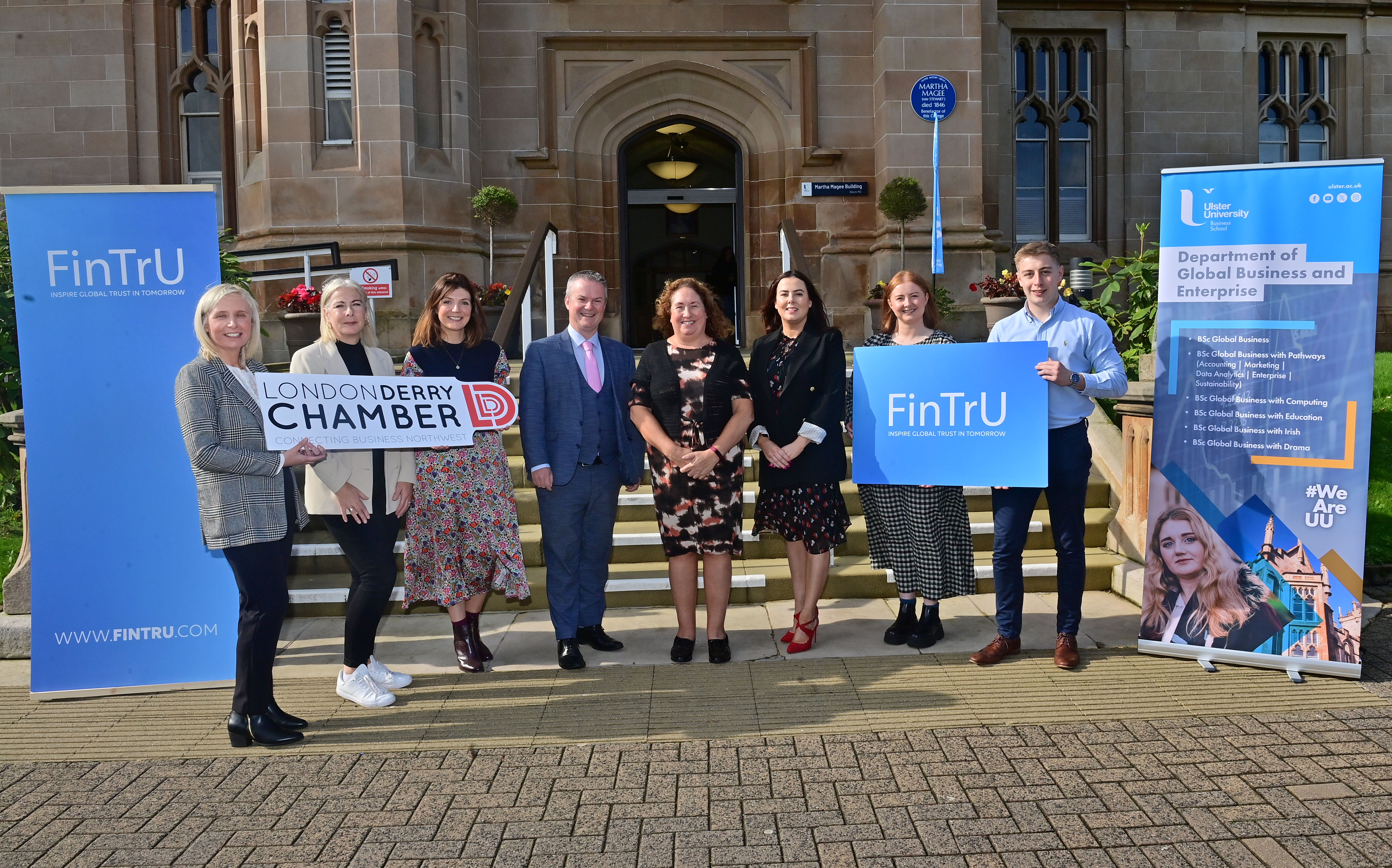 FinTrU staff members and Londonderry Chamber in front of FinTrU Ulster University 